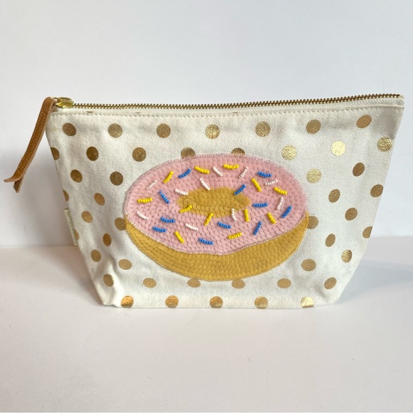 Bow and Drape gold polka dot clutch with donut sequin patch, Like new - Picture 3 of 8